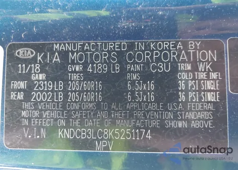 2019 Kia Niro Lx из США, поврежденный, VIN KNDCB3LC8K5251174